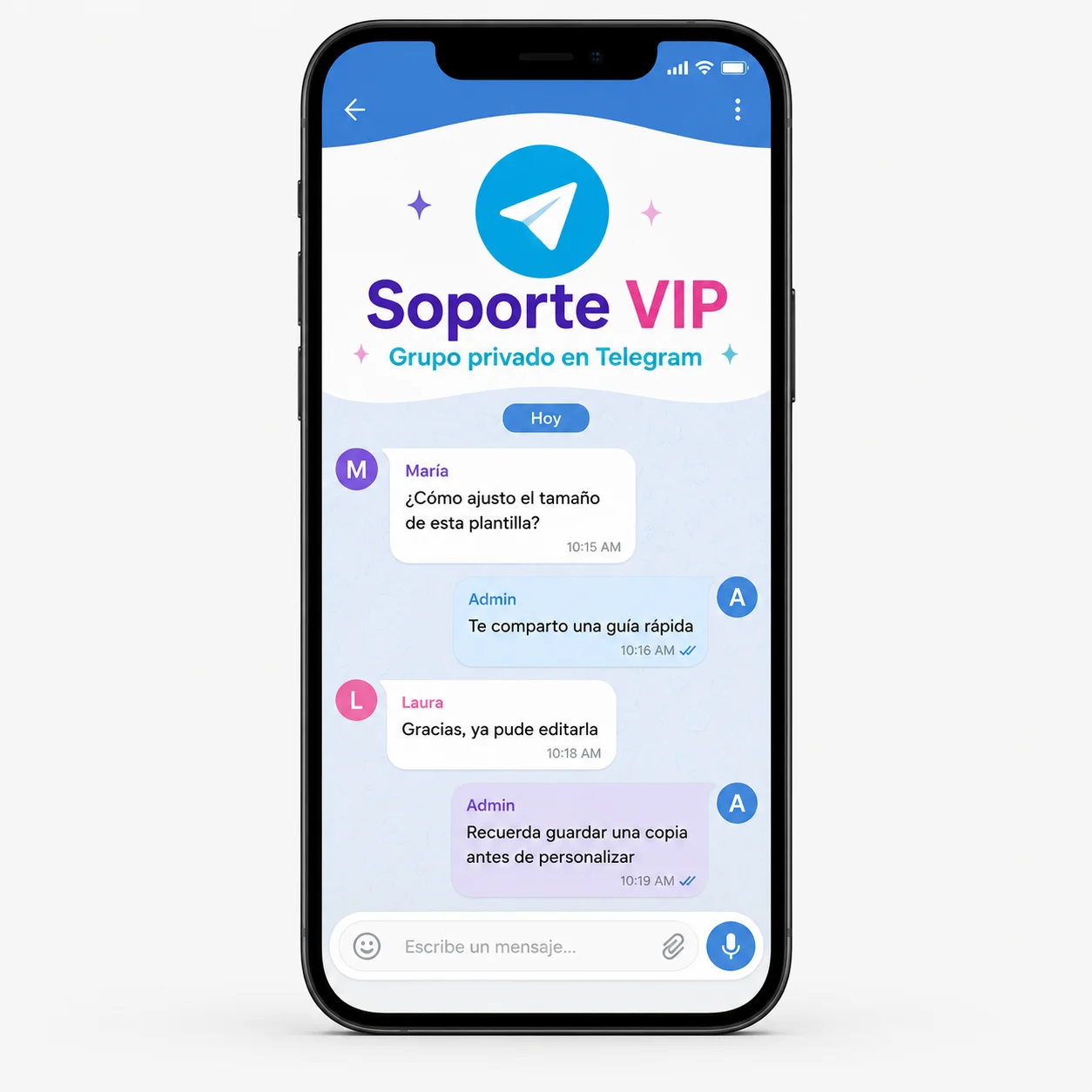Mockup del bono Soporte VIP en Telegram